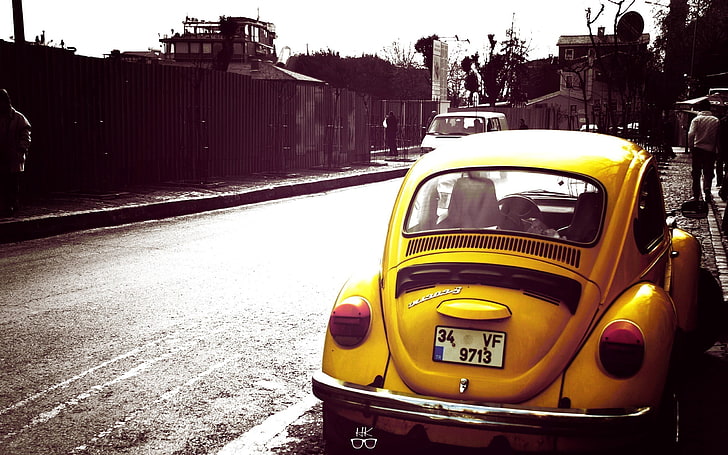 yellow Volkswagen Beetle, car, selective coloring, mode of transportation