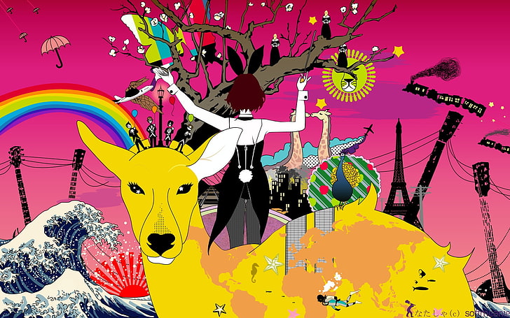 combination of painting yellow deer The Great Wave Kanagawa, anime, HD wallpaper