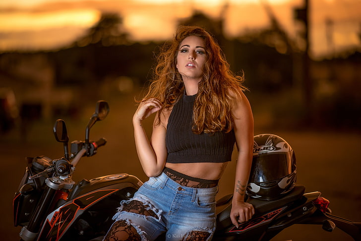 women, model, women with bikes, motorcycle, one person, three quarter length