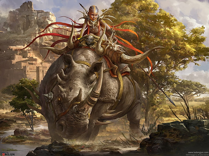 warrior on rhino illustration, fantasy art, representation, sculpture, HD wallpaper