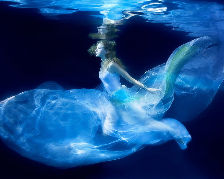 women, cyan, blue, underwater, sea, swimming, nature, motion, HD wallpaper
