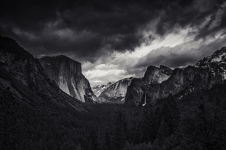 landscape, nature, monochrome, mountains, forest, Yosemite Valley, HD wallpaper