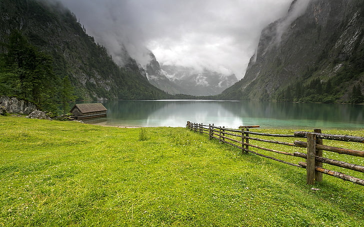 brown wooden rails, clouds, mountains, lake, Germany, Obersee, HD wallpaper