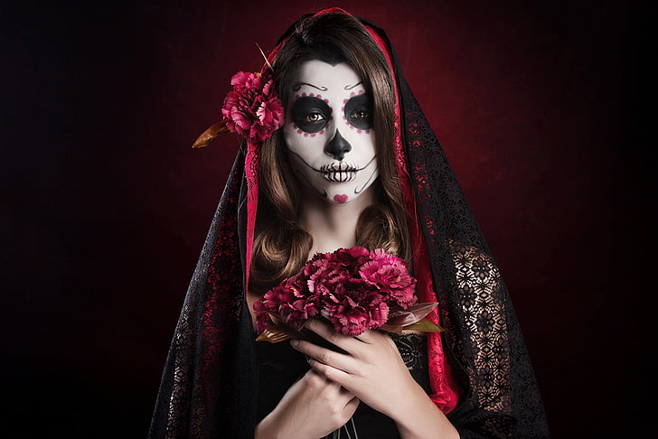 Dia de los Muertos, skull, flowers, makeup, women, model, flowering plant, HD wallpaper