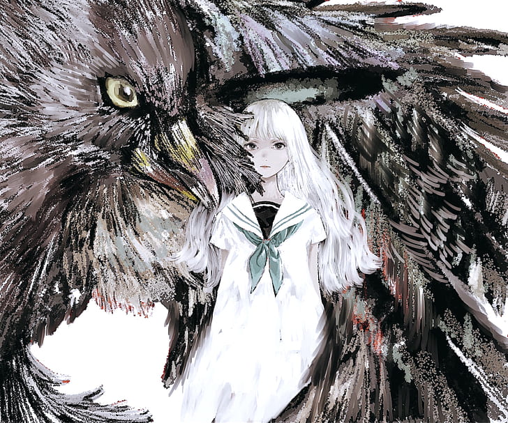 HD wallpaper: Anime, Original, Bird, Black Eyes, Long Hair, White Hair |  Wallpaper Flare