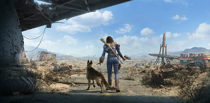 online game application, Fallout 4, Female, Sole Survivor, Dog