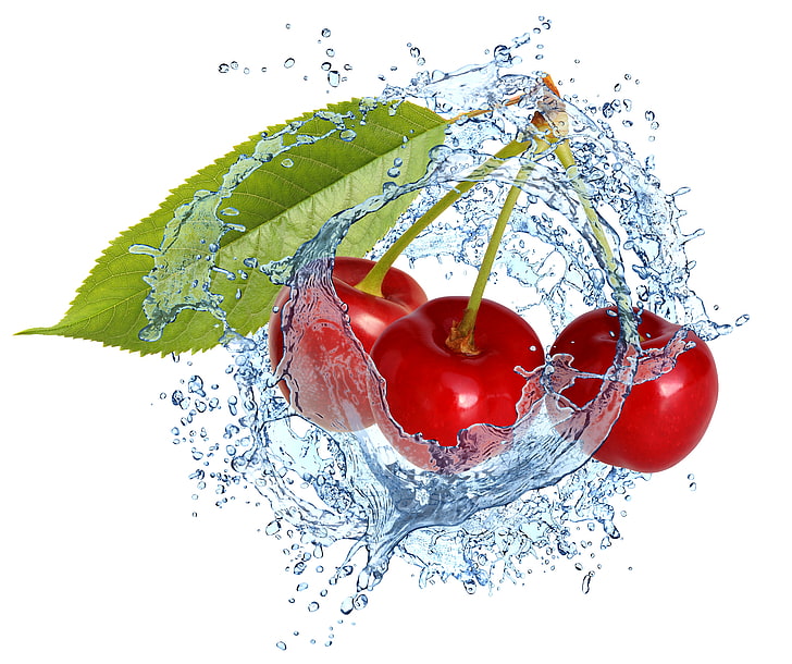 red cherries, water, squirt, cherry, berries, fresh, splash, drops