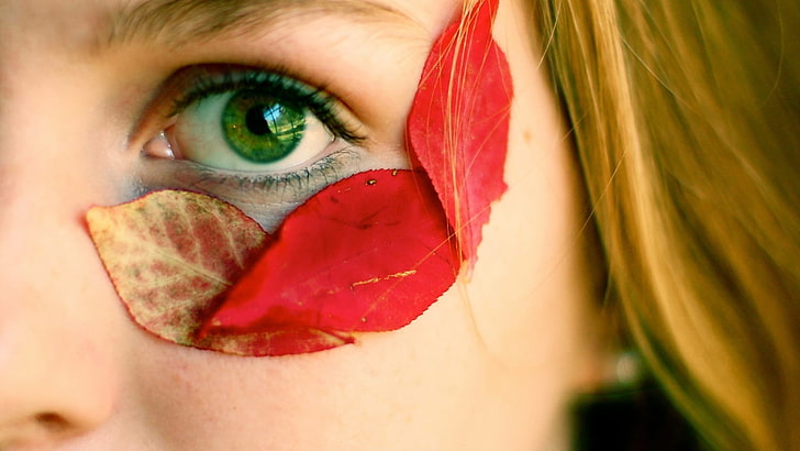 eyes, leaves, red leaves, women, reflection, human body part, HD wallpaper
