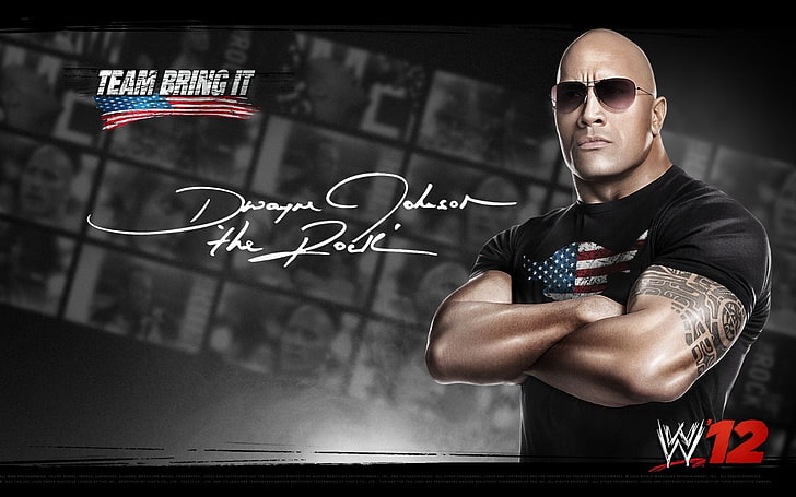 Dwayne Johnson W12 game cover, WWE, one person, front view, sunglasses