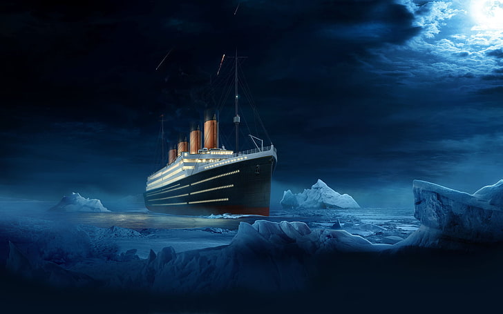 black and gray ship illustration, sea, night, Moon, iceberg, Titanic