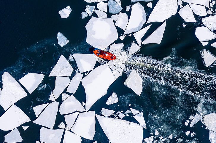 red boat, aerial view, sea, ice, blue, vehicle, water, nature
