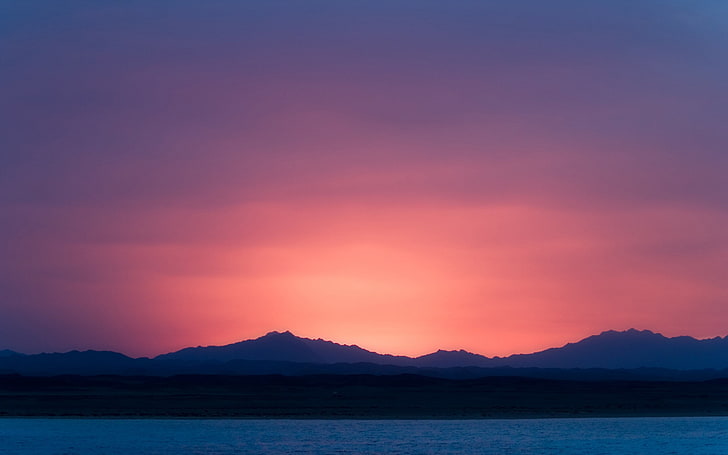 golden hour, landscape, nature, sunrise, purple sky, mountains, HD wallpaper