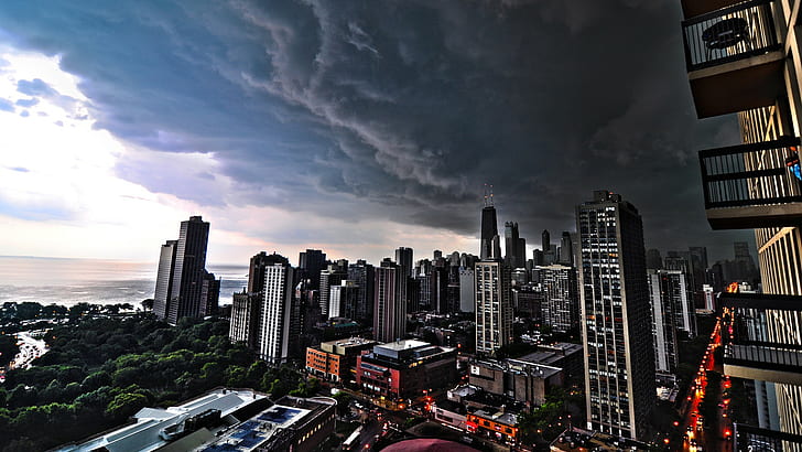 cityscape, balcony, overcast, Chicago, storm, sky, clouds