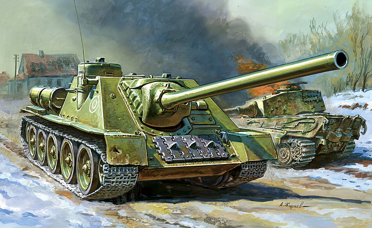 green battle vehicle, figure, self-propelled artillery, Soviet, HD wallpaper
