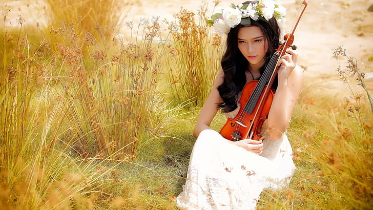 Asian girl, violin, music, summer, grass, white rose flowers