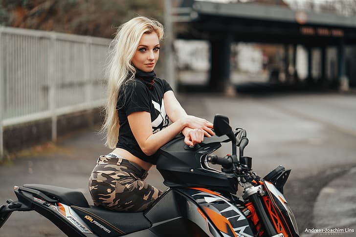 look, girl, pose, hands, blonde, motorcycle, Loba, Andreas-Joachim Lins, HD wallpaper
