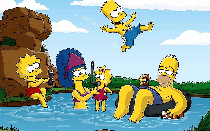 the Simpsons swimming in blue water movie scene, Homer Simpson