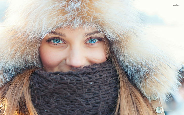 women, fluffy hat, blue eyes, scarf, looking at viewer