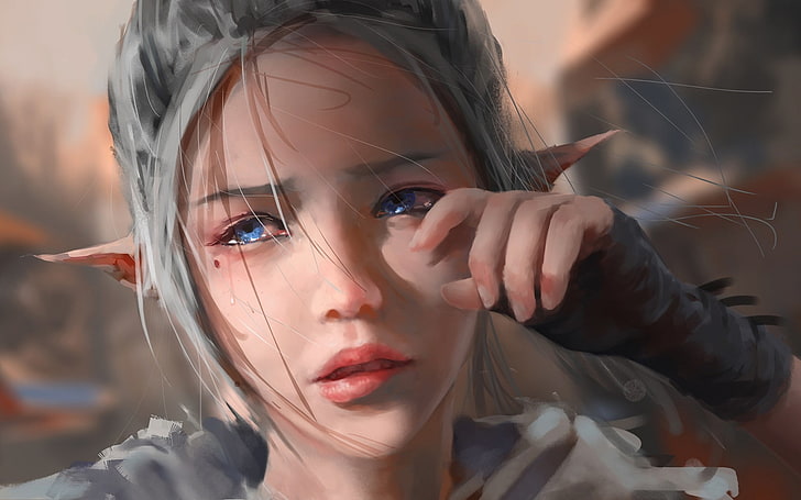fantasy art, pointed ears, crying, blue eyes, grey hair, painting
