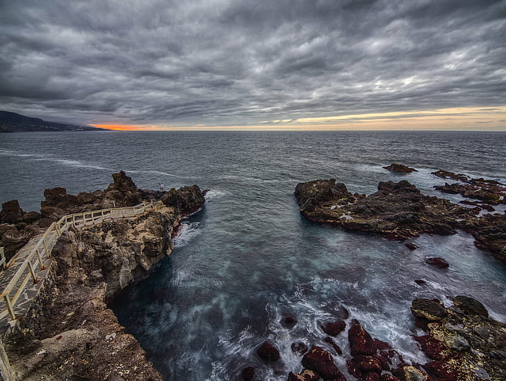rocks on side of the sea during daytime, HDR, sunset, mar, Puerto de la Cruz, HD wallpaper
