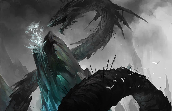 black dragon 3D wallpaper, trees, arrows, sandara, fantasy art