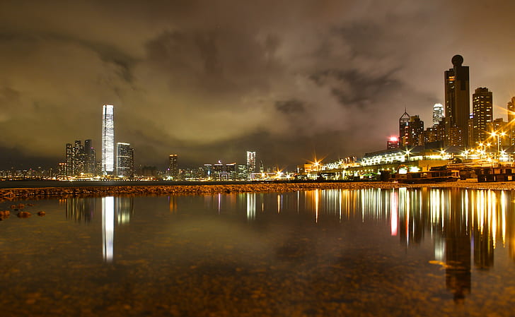 photograph of city lights, hong kong, hong kong, Water, front, HD wallpaper