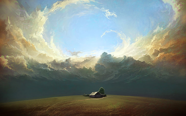 house and cloud artwork, clouds, digital art, cloud - sky, scenics - nature, HD wallpaper