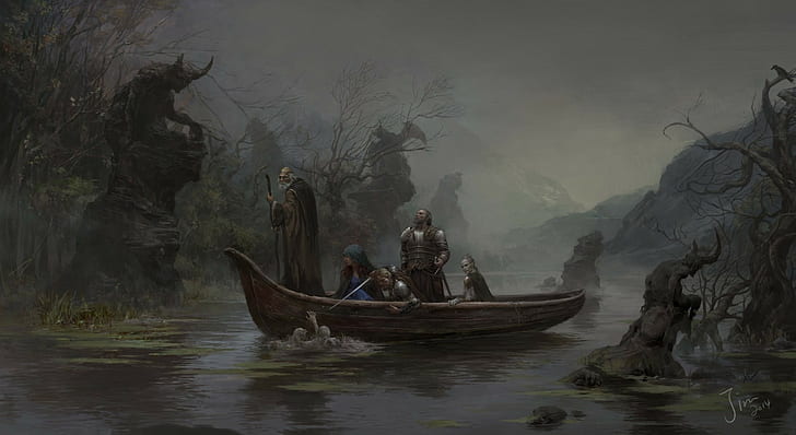 river, boat, people, fantasy art