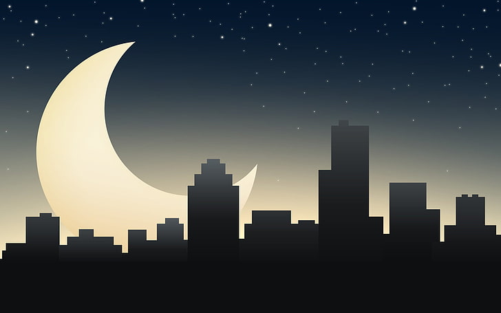 silhoutte of city, night, the moon, sleep, home, town, vector, HD wallpaper