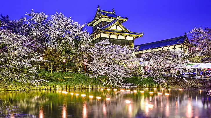 japan, yamatokoriyama, koriyama castle, asia, pond, dusk, night