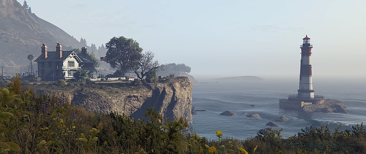 white and red lighthouse near mountain cliff and house, Grand Theft Auto V, HD wallpaper