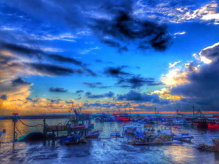 harbor, HDR, sky, clouds