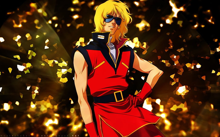 blonde-haired man in red sleeveless top illustration, Gundam
