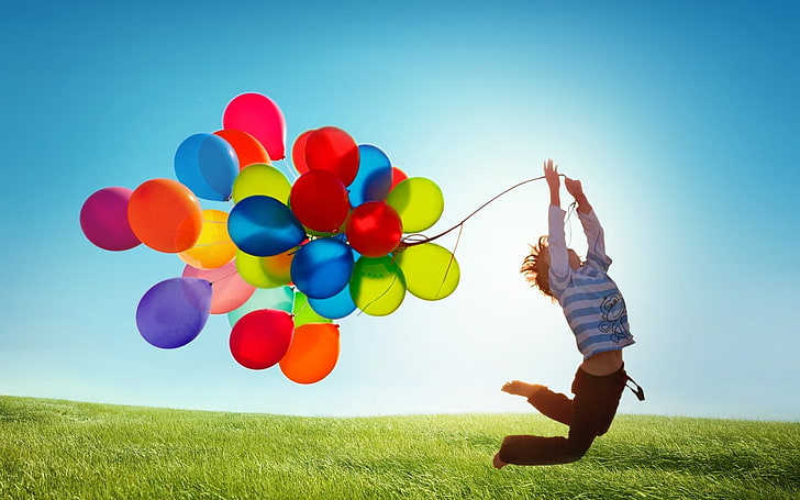 assorted-color balloons, jumping, sky, full length, one person, HD wallpaper