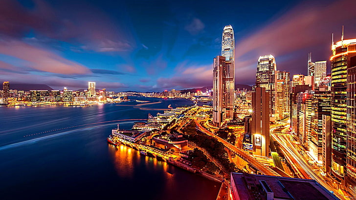 hong kong, harbour, night, lights, cityscape, scenery, city lights