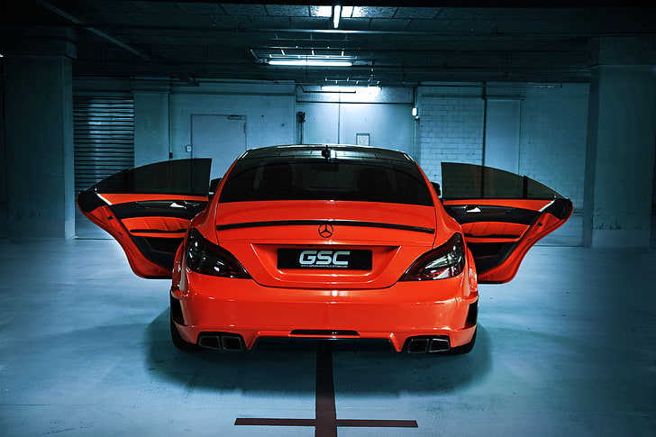 red Ford Focus 5-door hatchback, car, Mercedes-Benz CLS, mode of transportation, HD wallpaper