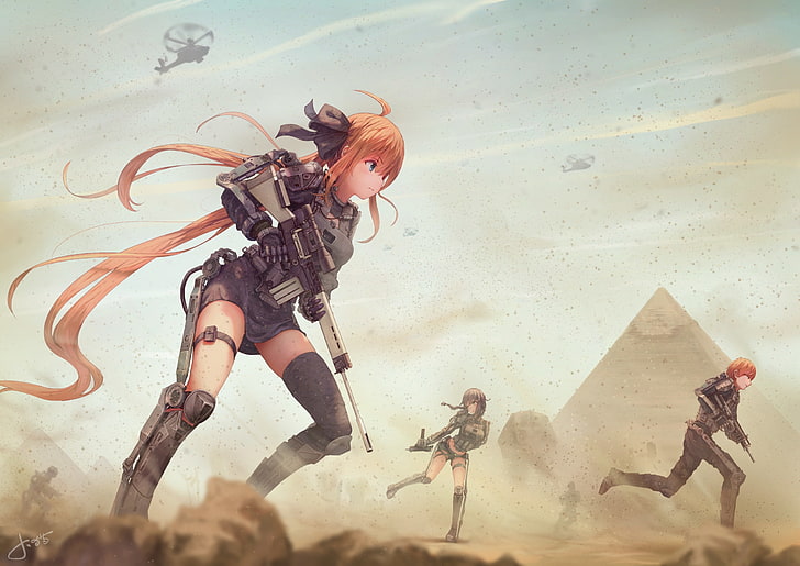 HD wallpaper: anime girls, boy, battlefield, pyramid, guns, nature, land |  Wallpaper Flare