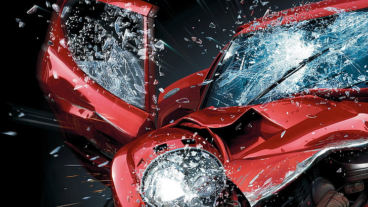 wrecked red vehicle with cracked windshield, car, video games