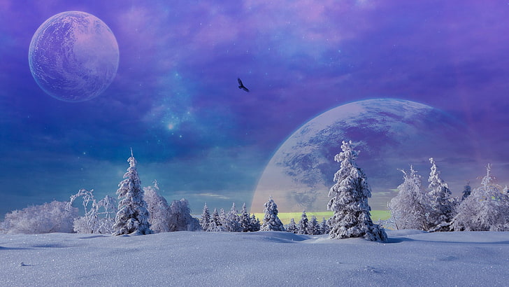 sky, nature, winter, space art, freezing, snow, planet art, HD wallpaper