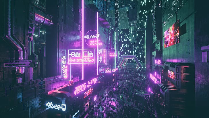 Hd Wallpaper Artwork Digital Science Fiction Cityscape Cyber City Neon Wallpaper Flare
