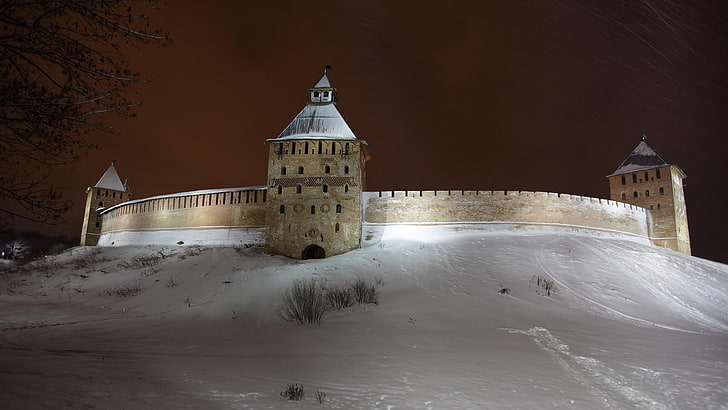 winter, castle, night, tower, novgorod, russia, wall, kremlin park, HD wallpaper