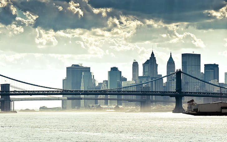 New York City, cityscape, bridge, sky, clouds