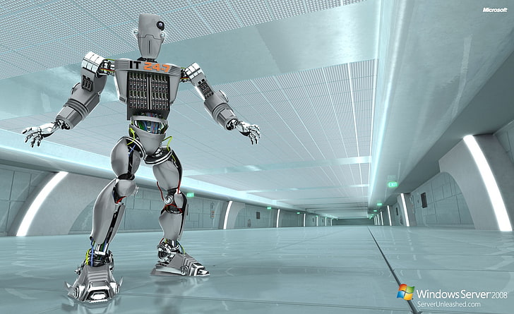 Windows Server 2008 Unleashed IT 24-7 Robot, silver robot illustration