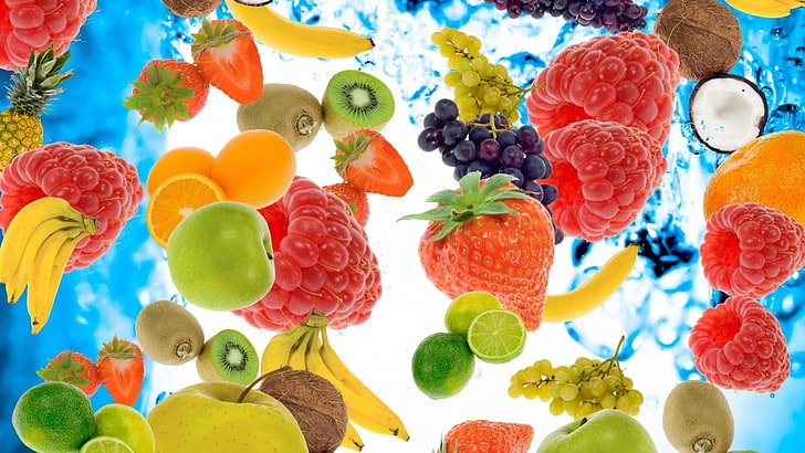 fruit, fruits, strawberry, raspberry, coconut, apple, orange, HD wallpaper