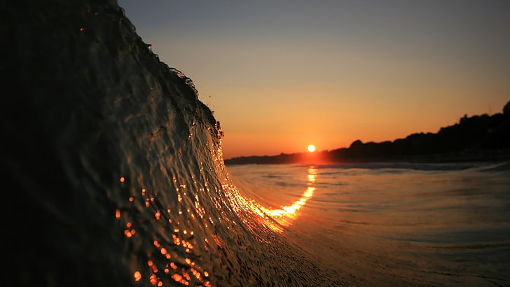 ocean wave, waves, sunset, beach, depth of field, sky, water, HD wallpaper