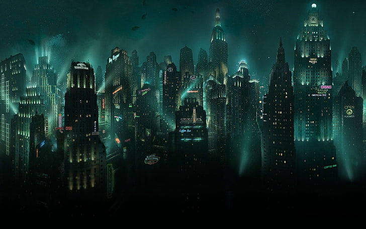 city building painting, cityscape, night, lights, Rapture, BioShock, HD wallpaper