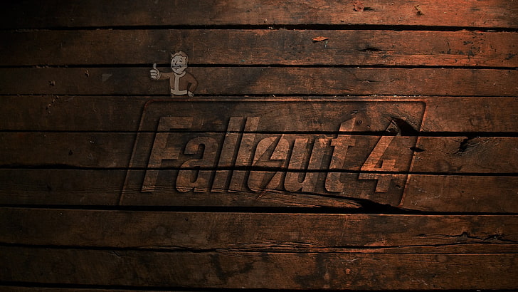 Fallout 4 digital wallpaper, wood - material, text, indoors, no people