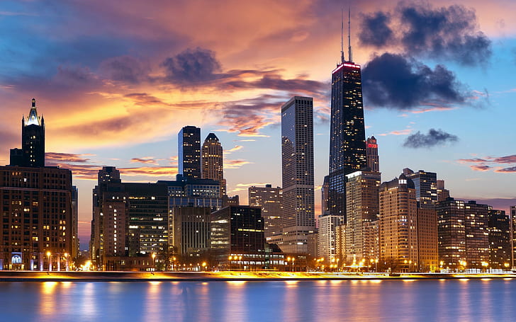 USA, Illinois, Chicago, city, buildings, lights, dusk, HD wallpaper