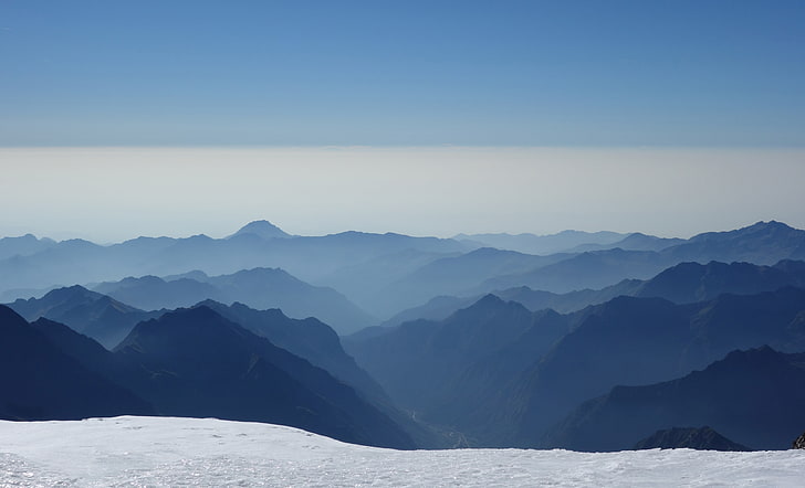 mountains, mist, blue, clear sky, Alps, ridge, snow, beauty in nature