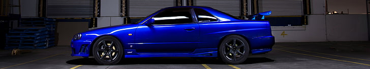 blue coupe, car, triple screen, Skyline R34, Nissan Skyline GT-R